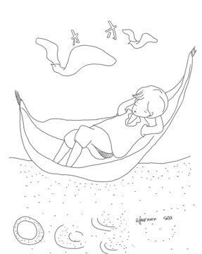 手绘漫画插画海边度假吊床