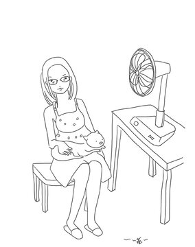 手绘漫画插画抱着猫