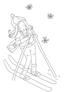 手绘漫画插画滑雪