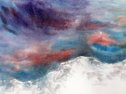 风景雪山水彩绘画