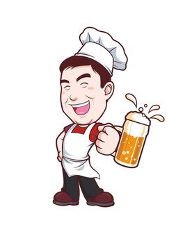 卡通中年厨师喝啤酒形象矢量图