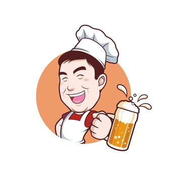 卡通中年厨师喝啤酒头像矢量图