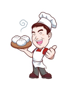 卡通中年男厨师端包子形象矢量图