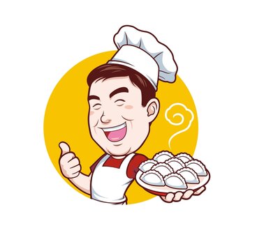 卡通中年男厨师端饺子头像矢量图
