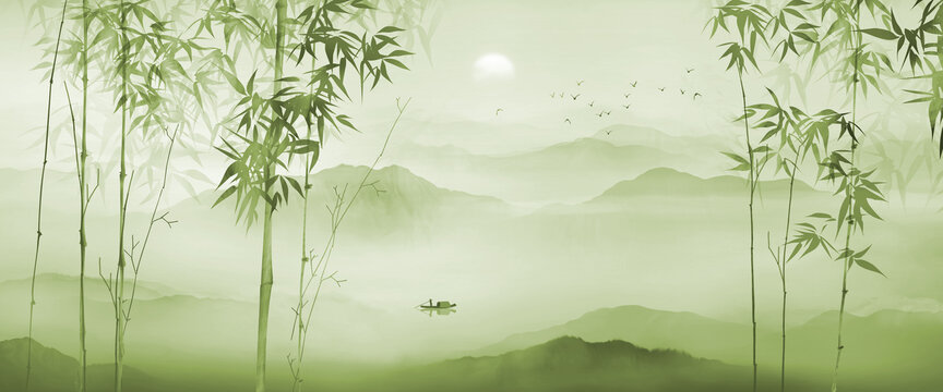 竹林山水背景墙