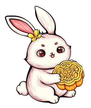 中秋节兔子抱着月饼国潮插画