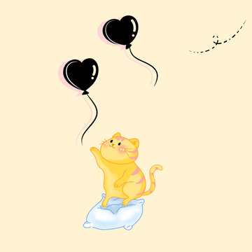 淡色系卡通小猫抓气球壁纸