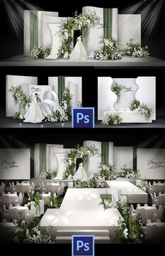白绿色高级小众婚礼多层背景