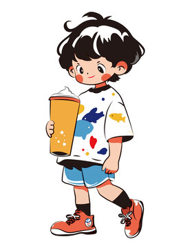 AI矢量拿着饮料的小孩儿童插画