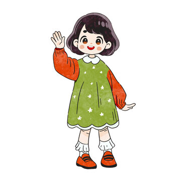 打招呼的短发女孩卡通图案