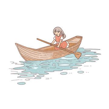 夏日划船女孩简笔画图案