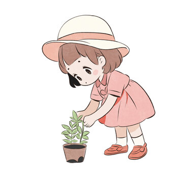 园艺盆栽小女孩卡通图案