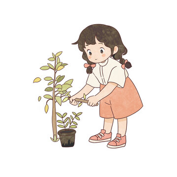 植树节女孩劳动卡通图案