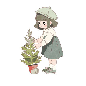 植树节女孩种树园艺卡通图案