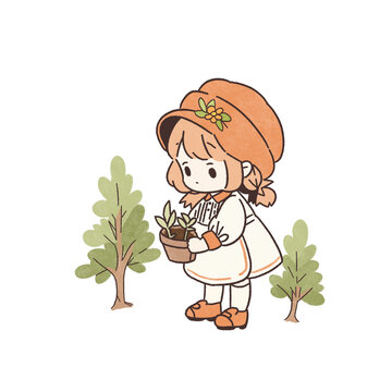 种树环保小女孩简笔画图案