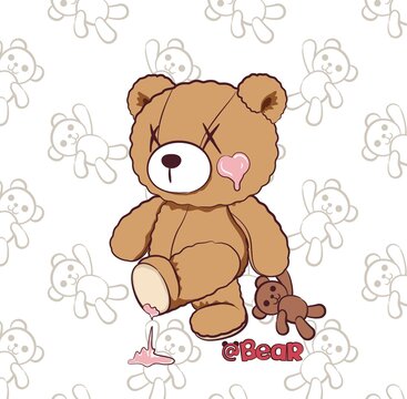 趣味卡通插画小熊拖着小小熊