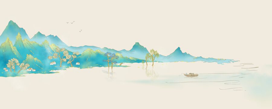 巨幅青绿新中式山水