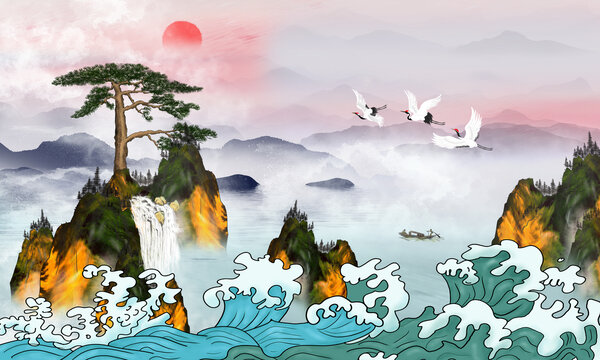 国潮迎客松山水画