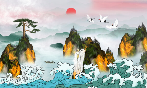 国潮迎客松山水画