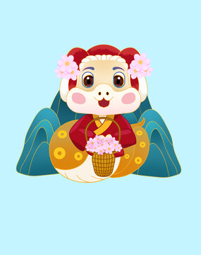 手绘蛇年红包插画桃花朵朵