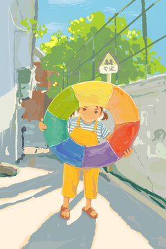 可爱游泳圈女孩插画