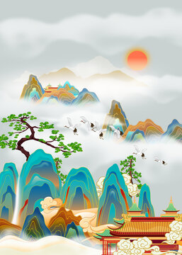 迎客松山水画
