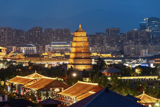 航拍西安大雁塔城市夜景