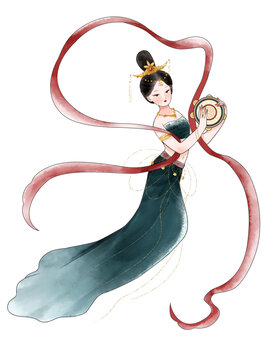 敦煌飞天仙女中国风水墨插画