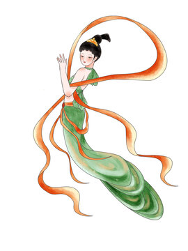 敦煌飞天仙女中国风水墨插画