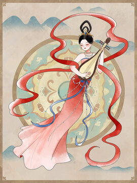 敦煌飞天仙女中国风水墨插画