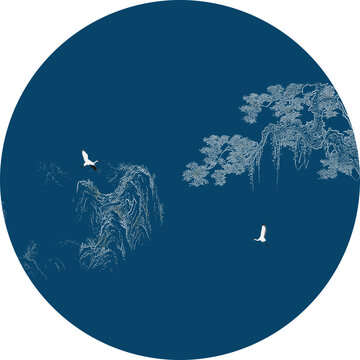 圆形线描古建筑山水松鹤图装饰画