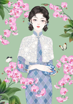 手绘旗袍美女