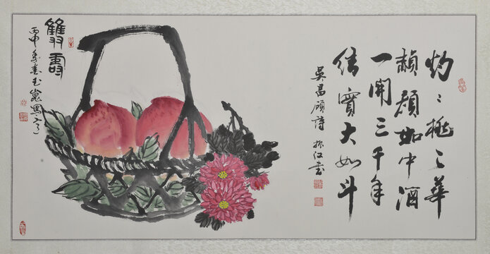 丰收果实寿桃手绘国画