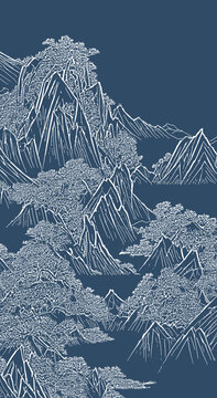 手绘线描山水禅意山水框画