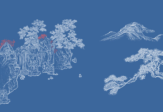 工笔国画山水线描山水松鹤图壁画