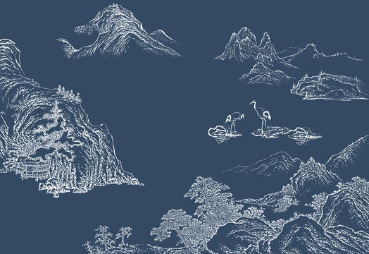 工笔线描山水手绘线条山水画