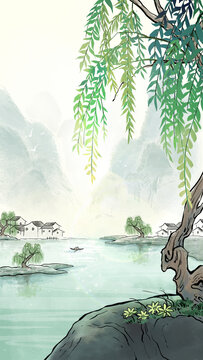 柳树水墨风山水村庄
