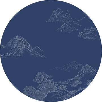 工笔中式线描山水手绘线条山水