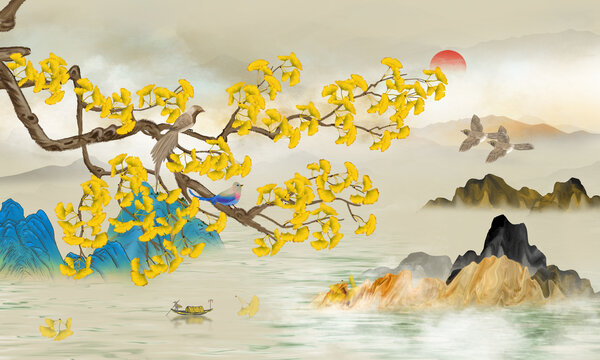 国潮银杏叶山水插画