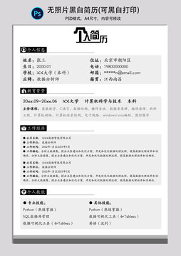 无照片黑白简历一一可黑白打印