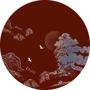 高清线描玄关装饰画圆形山水