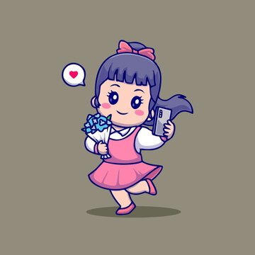 可爱鲜花自拍女孩Q版卡通插画