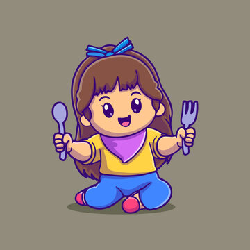 可爱吃美食女孩Q版卡通插画