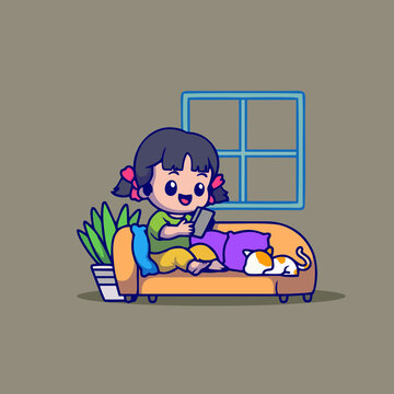 可爱读书女孩Q版卡通插画