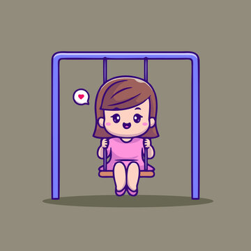 可爱秋千女孩Q版卡通插画