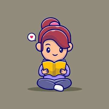 可爱读书女孩Q版卡通插画