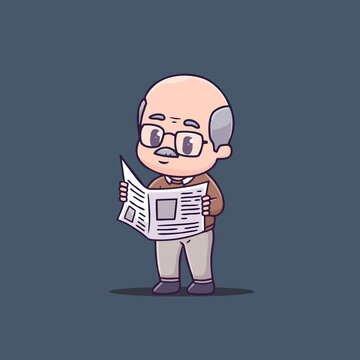 可爱读报老人Q版卡通插画