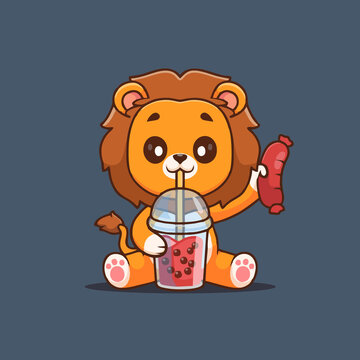 可爱喝奶茶的狮子Q版卡通插画
