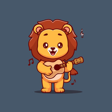 可爱的吉他狮子Q版卡通插画