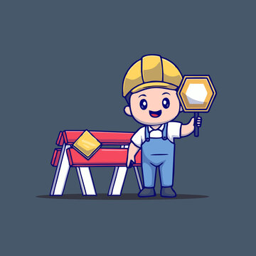 可爱禁止通行施工人Q版卡通插画